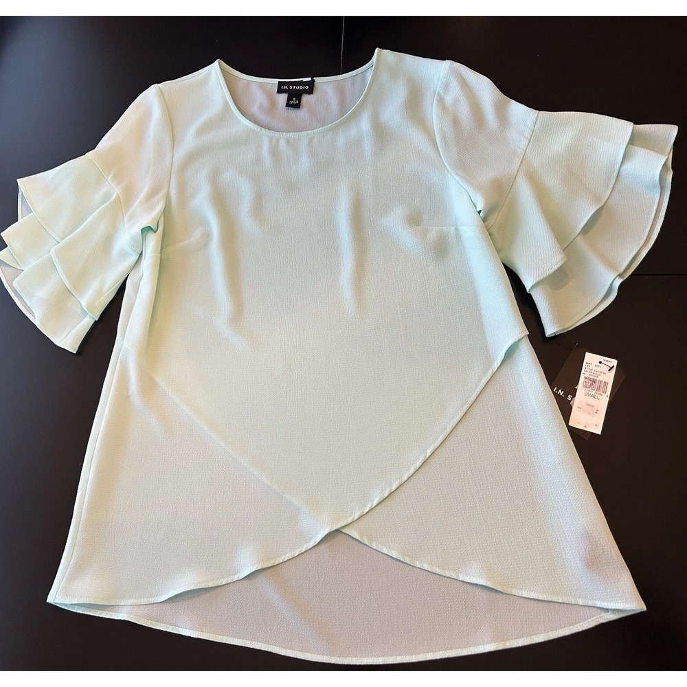 New I.N. Studio Top‎ S Ruffle Sleeve Sheer Aqua Teal Blue Fairycore Lightweight